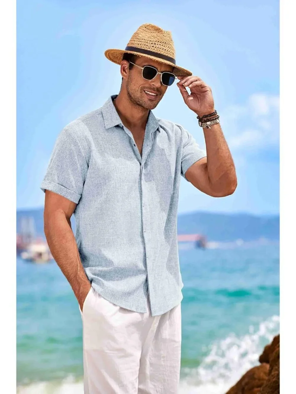 Men's Blue Beach Linen Short Sleeve Casual Wedding Shirts Button Down